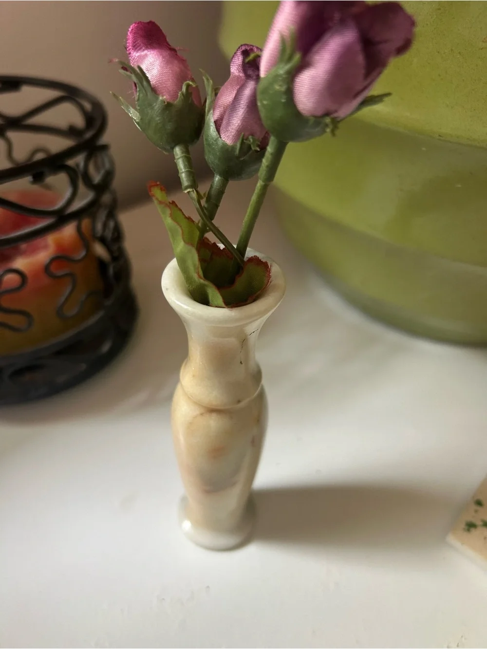 Purple Silk Rose Buds in Ivory Marble-Look Vase - Home Accent